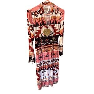 Z&L Southwestern Geometric Print Lace Up Waist Maxi Dress Long Sleeve Pink S NWT